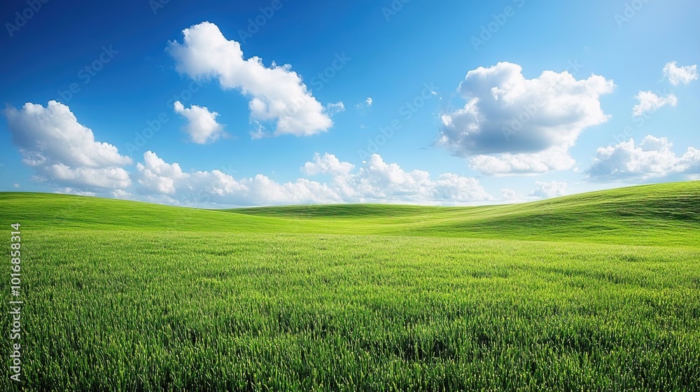 Vast green field under a bright blue sky filled with clouds Vast green field under a bright blue sky filled with clouds
