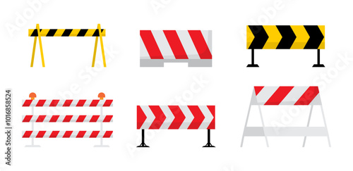 Road barriers vector set of six in red, white and yellow, black color. Traffic road barriers or barricades set for safety of driving, flat vector illustration isolated on white background.