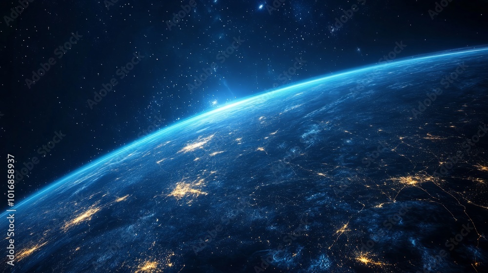 Fototapeta premium Earth illuminated from space by digital network connections. generative ai