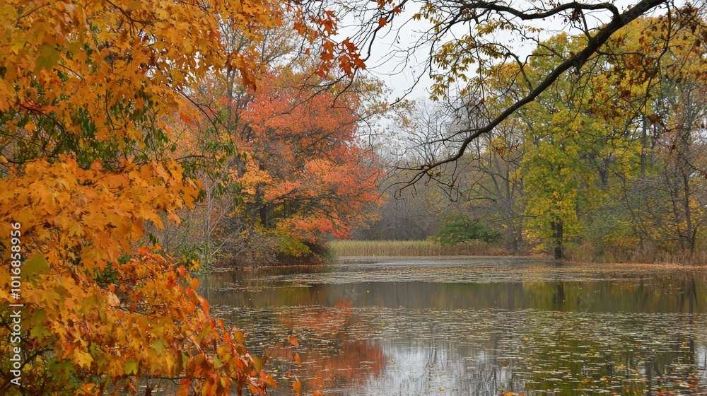 Autumn reflections in a serene pond surrounded by vibrant foliage at twilight Autumn reflections in a serene pond surrounded by vibrant foliage at twilight