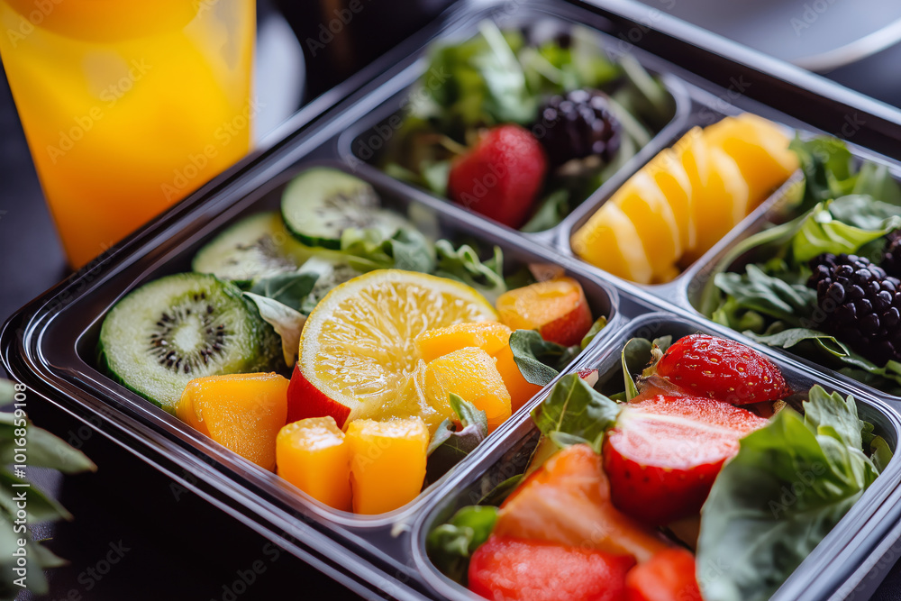 Close-up of a trendy lunchbox with compartments, featuring a vibrant salad, fruit, and a refreshing drink. Close-up of a trendy lunchbox with compartments, featuring a vibrant salad, fruit, and a refreshing drink.