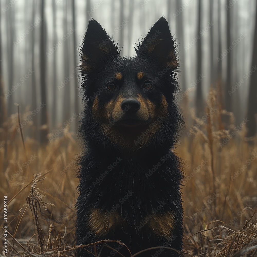 A curious dog stands alert in a foggy, tranquil forest during the early morning hours A curious dog stands alert in a foggy, tranquil forest during the early morning hours