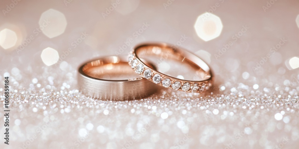 Two wedding rings on a white glittering background with copy space, a banner design A romantic wedding day composition Generative AI Two wedding rings on a white glittering background with copy space, a banner design A romantic wedding day composition Generative AI