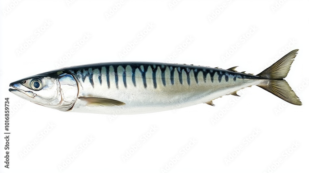 Atlantic mackerel displays its shiny scales and unique striping pattern against a plain white backdrop highlighting the fishs streamlined form and vibrant colors. Atlantic mackerel displays its shiny scales and unique striping pattern against a plain white backdrop highlighting the fishs streamlined form and vibrant colors.