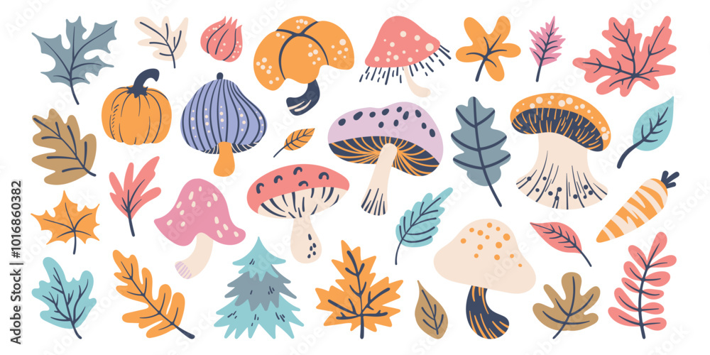 Set of isolated cute Fall elements in doodle hand drawn style on a transparent background. Vol.3 : Mushrooms series in pastel colorful orange and pink color tone. Set of isolated cute Fall elements in doodle hand drawn style on a transparent background. Vol.3 : Mushrooms series in pastel colorful orange and pink color tone.