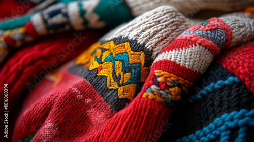 Close-up of the intricate patterns and details on a Bulgarian national dress, with colorful threads and handwoven fabrics photo