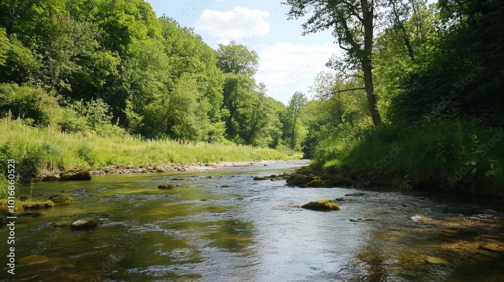 Tranquil river flows through lush green forest under a bright blue sky during daytime Tranquil river flows through lush green forest under a bright blue sky during daytime