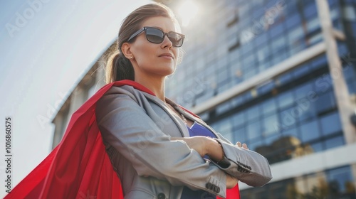 Empowered businesswoman imagines herself as a superhero, exuding determination and confidence