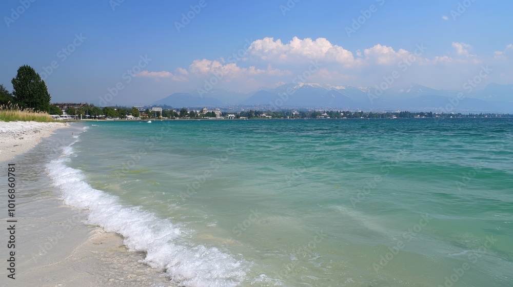 Serene waters lap against a sandy beach under a bright blue sky at a tranquil lake Serene waters lap against a sandy beach under a bright blue sky at a tranquil lake