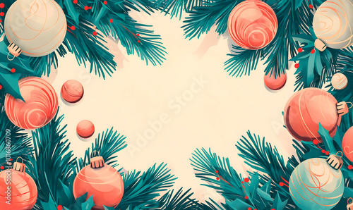 Festive holiday vintage retro background with pine branches, red and white Christmas ornaments, and holly, perfect for greeting cards, invitations,seasonal marketing with space for personalized text