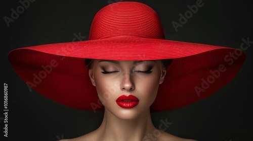 Close up portrait of a female model with flawless skin and red lips in a retro hat on black