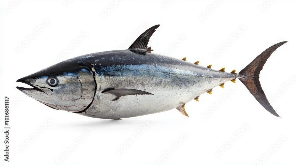 Bluefin Tuna known scientifically as Thunnus thynnus displays its striking features against a pure white background emphasizing its critical role in ocean ecosystems. Bluefin Tuna known scientifically as Thunnus thynnus displays its striking features against a pure white background emphasizing its critical role in ocean ecosystems.