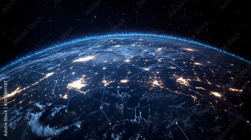 Obraz premium Earth seen from space at night, with glowing communication lines connecting major cities. generative ai