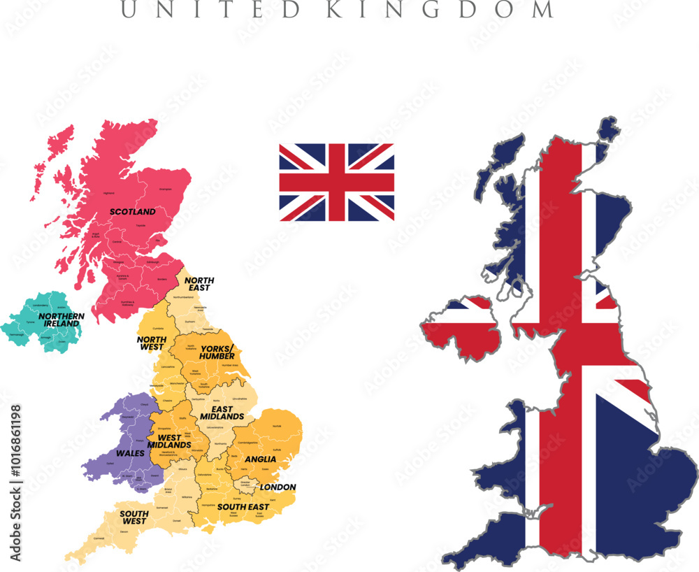 Official colour map of the UK featuring major cities with names. A ...