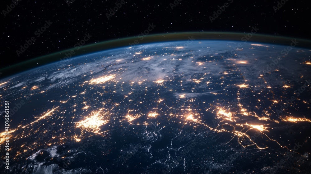 Obraz premium Night view of the Earth, interconnected by glowing network paths, generative ai