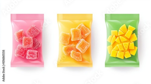 Colorful gummy candy in vibrant packaging, featuring red, orange, and yellow square sweets isolated on a white background.