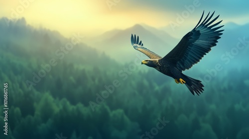 Eagle Flying High Above Forest Canopy with the late afternoon sun casting a golden glow over the landscape below. photo