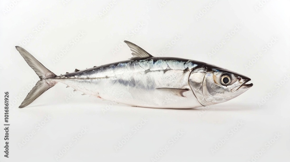 bonito fish known scientifically as Sarda sarda is displayed against a white background highlighting its streamlined body and metallic sheen. It represents marine life diversity. bonito fish known scientifically as Sarda sarda is displayed against a white background highlighting its streamlined body and metallic sheen. It represents marine life diversity.