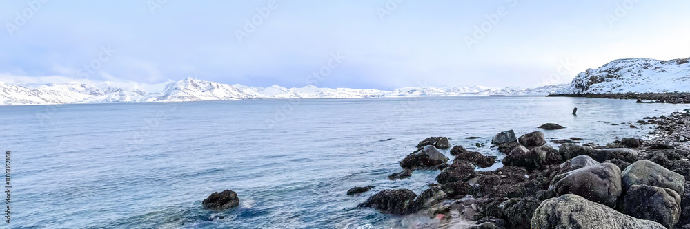 Tranquil winter landscape of a snow-capped coastal fjord in Scandinavia, capturing the serene beauty of the Arctic environment Tranquil winter landscape of a snow-capped coastal fjord in Scandinavia, capturing the serene beauty of the Arctic environment