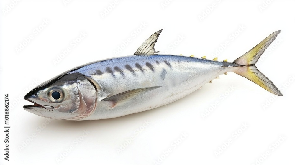 Bonito fish known for its streamlined shape and side markings is presented on a white background highlighting its features and natural beauty.