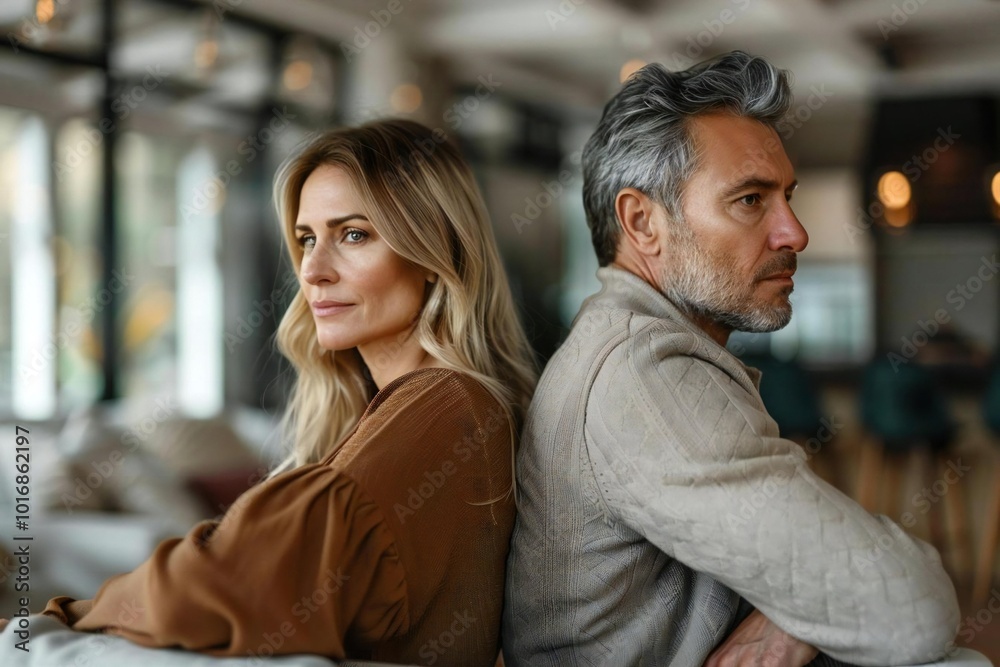 Title: Side Profile Image of a Middle-Aged Caucasian Couple Embodying Their Interdependent Relationship at Home Title: Side Profile Image of a Middle-Aged Caucasian Couple Embodying Their Interdependent Relationship at Home