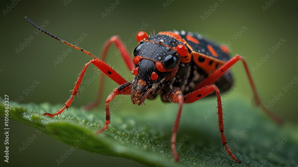 A close-up of a black and red bug with red dots on its back, perched on a green leaf. A close-up of a black and red bug with red dots on its back, perched on a green leaf.