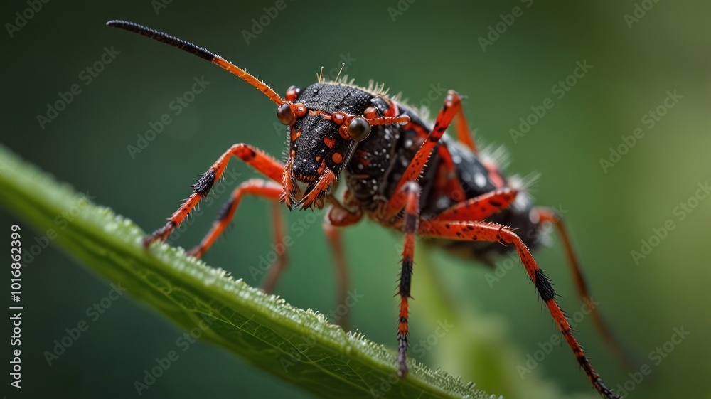 Fototapeta premium A close-up shot of a red and black insect with large eyes perched on a green leaf.