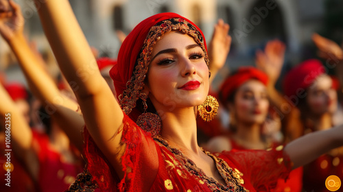 A cultural celebration in Istanbuls streets, with traditional Turkish music and dance in front of centuries-old architecture photo