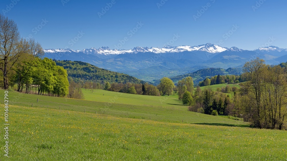 Vibrant spring landscape with green meadows and distant snow-capped mountains Vibrant spring landscape with green meadows and distant snow-capped mountains