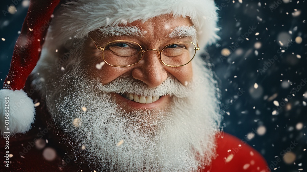 Joyful Santa Claus Smiling Amidst Falling Snowflakes in a Festive Holiday Setting with a Classic Red Suit and White Beard Joyful Santa Claus Smiling Amidst Falling Snowflakes in a Festive Holiday Setting with a Classic Red Suit and White Beard