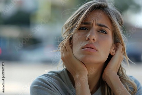 Close-up image of a Caucasian woman gripping her neck in discomfort, suggesting pain from salivary gland thyroid disease. photo