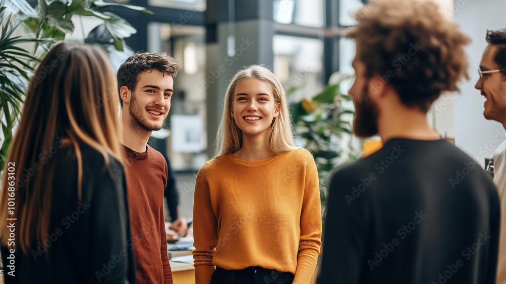 A group of people standing around talking to each other in an office environment. Colleagues discussing during an informal meeting. Multiracial people, difference theme, brainstorming. A group of people standing around talking to each other in an office environment. Colleagues discussing during an informal meeting. Multiracial people, difference theme, brainstorming.