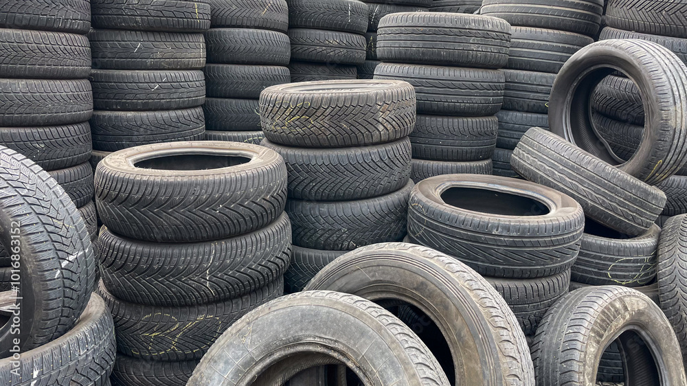 A large pile of used tires represents recycling challenges and environmental sustainability efforts in waste management initiatives A large pile of used tires represents recycling challenges and environmental sustainability efforts in waste management initiatives