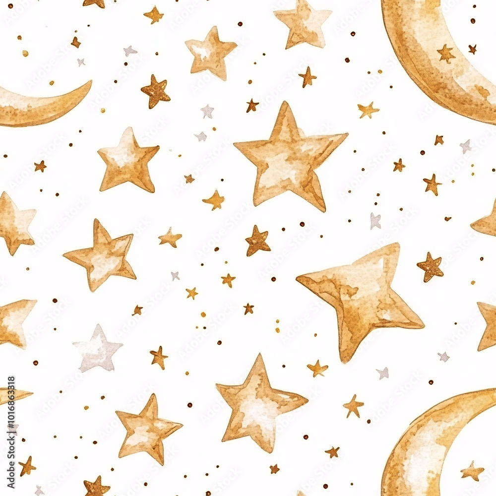 Delicate Watercolor Stars and Moon in Soft Gold Seamless Pattern