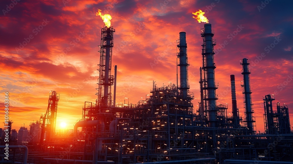 Gas flames from industrial oil and natural gas plant with red sky background Gas flames from industrial oil and natural gas plant with red sky background
