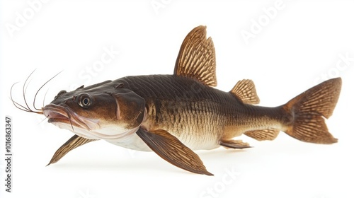bullhead catfish Ameiurus spp. is displayed prominently against a white background highlighting its unique physical characteristics and vibrant coloration for better appreciation.