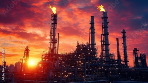 Gas flames from industrial oil and natural gas plant with red sky background