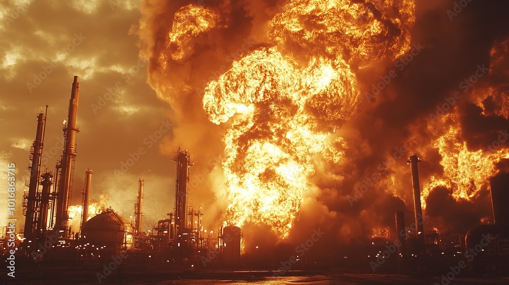 Fototapeta premium Fire and explosion in a large oil refinery tank, in industry