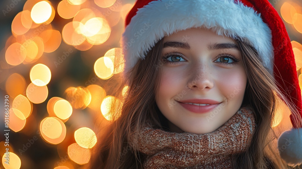 Festive Portrait of a Smiling Young Woman in Santa Hat with Glowing Holiday Lights in the Background Festive Portrait of a Smiling Young Woman in Santa Hat with Glowing Holiday Lights in the Background