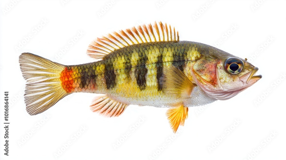 climbing perch Anabas testudineus is presented against a white backdrop highlighting its vibrant colors and unique physical characteristics including its striped pattern and fin structure. climbing perch Anabas testudineus is presented against a white backdrop highlighting its vibrant colors and unique physical characteristics including its striped pattern and fin structure.