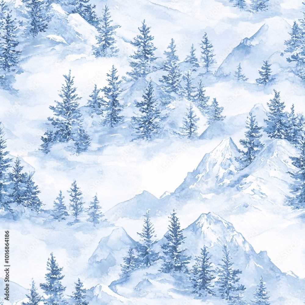 Fototapeta premium Serene Watercolor Mountains with Snow and Pine Trees Seamless Pattern