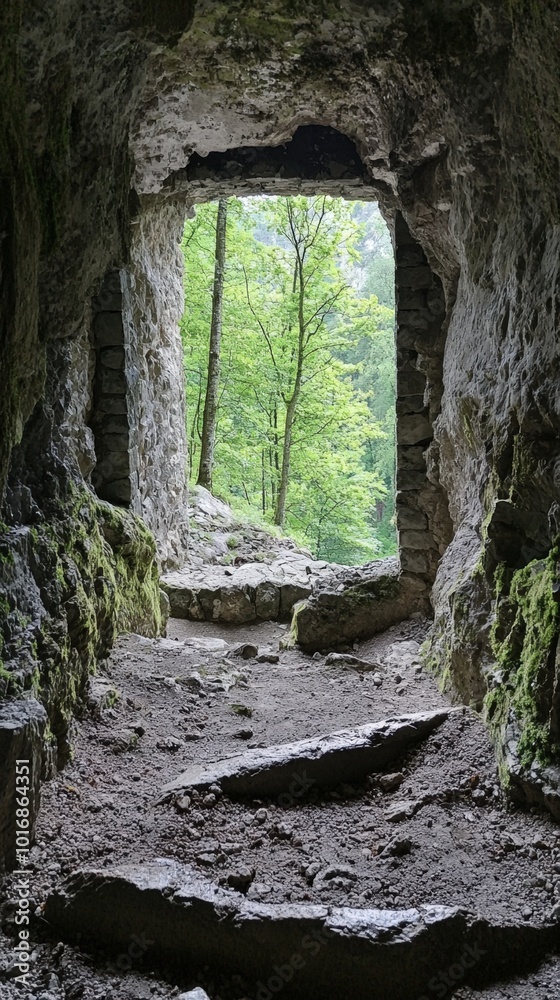 Exploring the serene pathway through an ancient stone cave in a lush forest setting Exploring the serene pathway through an ancient stone cave in a lush forest setting