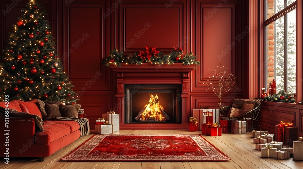 Fototapeta premium Cozy living room with crackling fireplace beautifully decorated Christmas tree