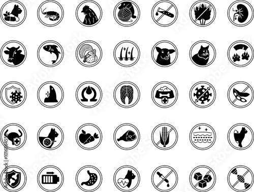 Black Labels for Cat Food Packaging. Vector Icons Low Calorie, Tuna, Chicken, Beef, Lamb, Omega, Turkey, Fish, No Artificial Colors, Strong Immunity, Shiny Coat, Vitamins, and More