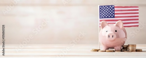 Patriotic Piggy Bank with USA Flag and Coins - Symbolizing Financial Independence and National Pride for a Secure Future
