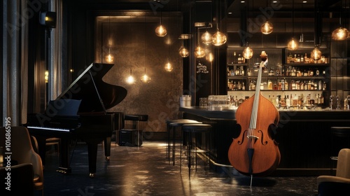 Modern jazz bar interior design, stage with black piano and cello, lamps above bar counter