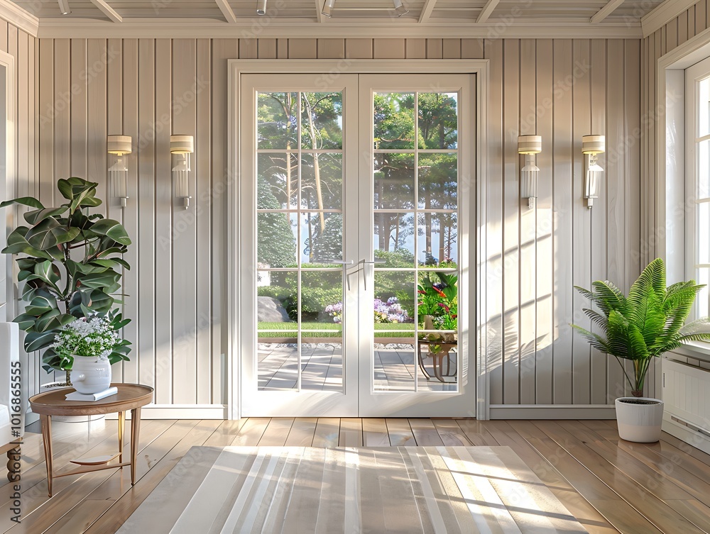 Wooden walls, white French doors, light grey paneling, cream window frames, plants, coffee table near entrance, sunroom interior, front door view.