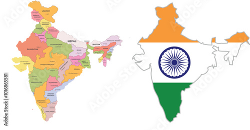 India map India’s official color map is presented alongside a colorful map displaying cities with names labeled. This design highlights geographic diversity, ideal for educational and promotional use.