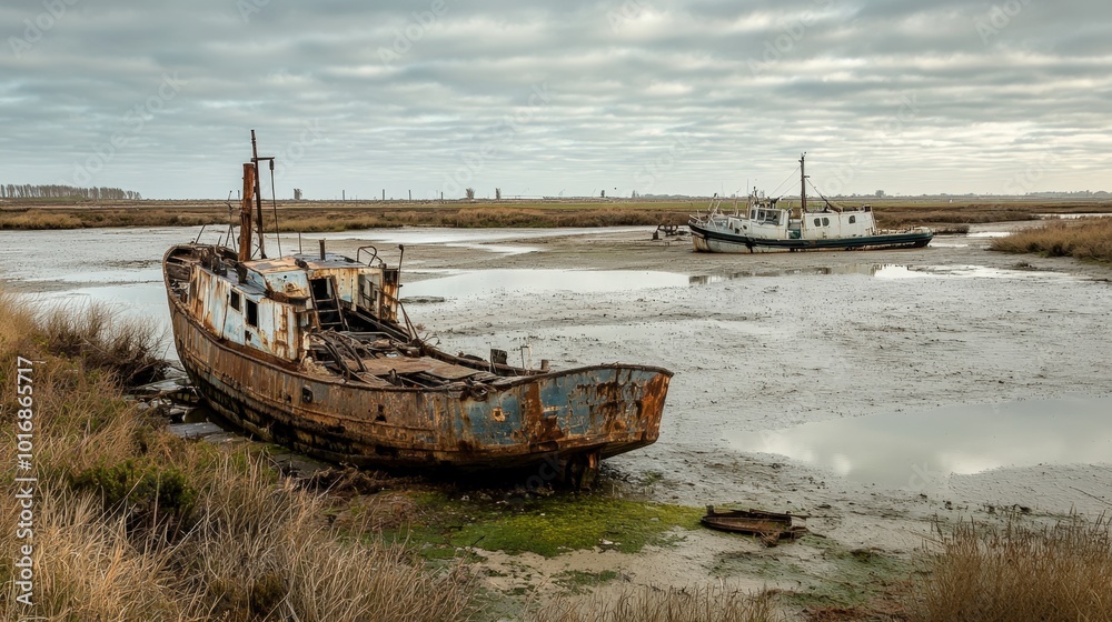 Rusting vessels abandoned in a serene estuary under soft overcast skies at twilight Rusting vessels abandoned in a serene estuary under soft overcast skies at twilight
