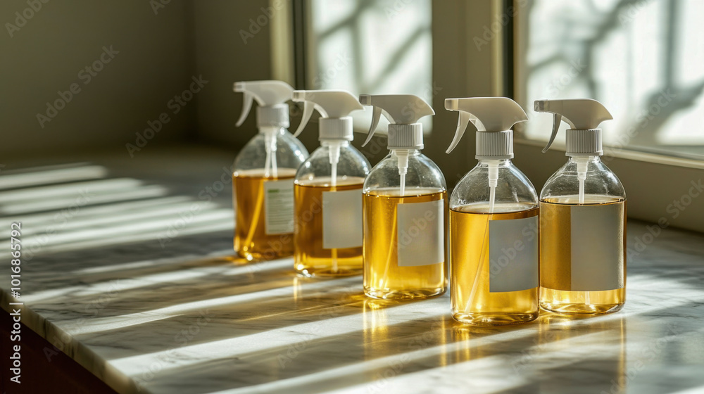 Bottles of amber liquid cleaner on a sunlit marble surface Bottles of amber liquid cleaner on a sunlit marble surface
